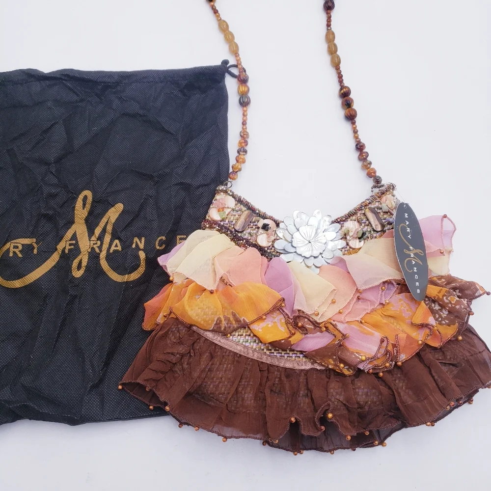 Mary Frances Beaded Tulle Ruffle Wicker Shoulder Bag‎ Mother of Pearl Earthtones